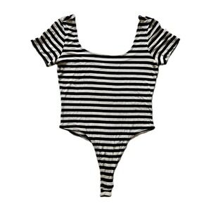 Vtg BCBG Paris Black & White Striped Slinky Wide Neckline Thong Bodysuit L